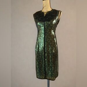 SOLD❣️Marc Jacobs “SILK” & Metallic Shiny Green & Gold-Black Midi Cocktail Dress